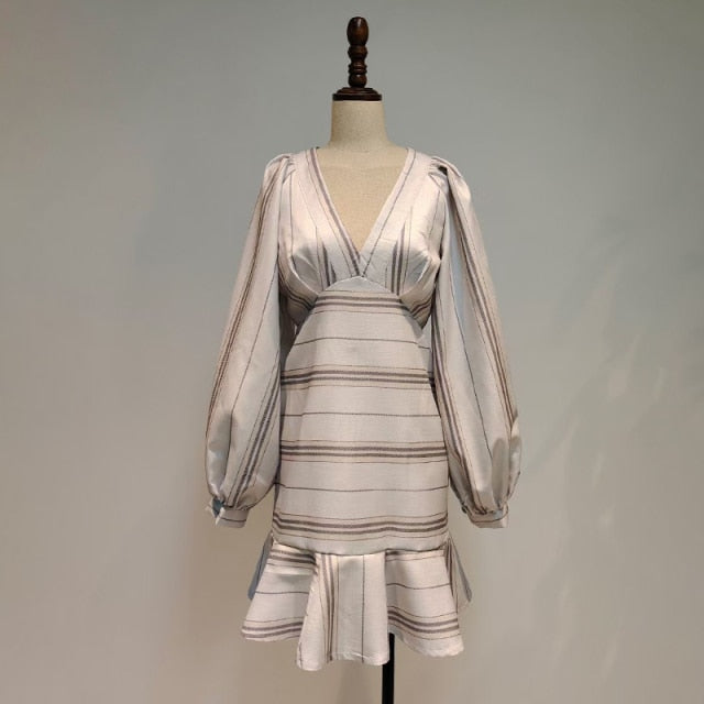 ヒットカラー ストライプ Vネック ランタンスリーブ ハイウエスト ボディコン スリムドレス