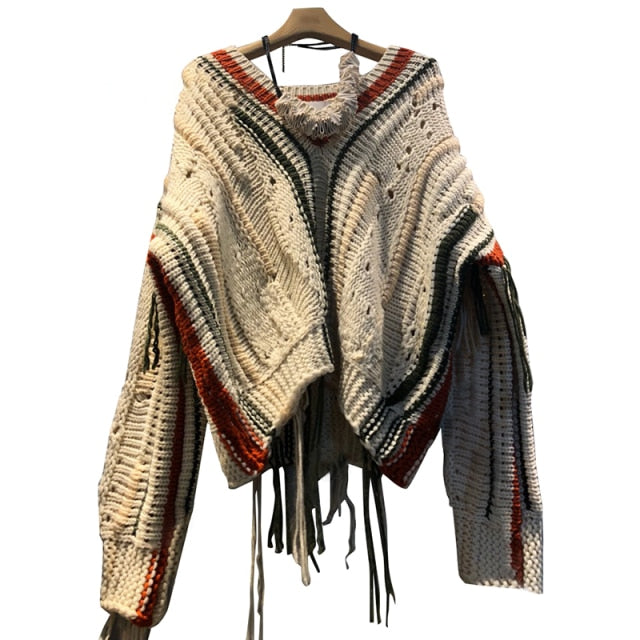Patchwork Tassel Sweater Women Hit Color High Street Loose Knitted Pullovers