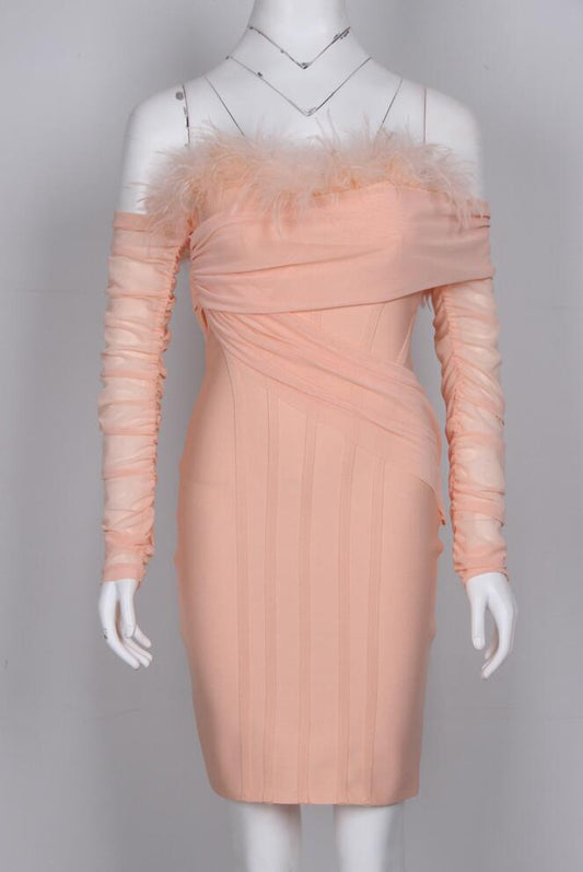 Feather Long Sleeve Bodycon Dress