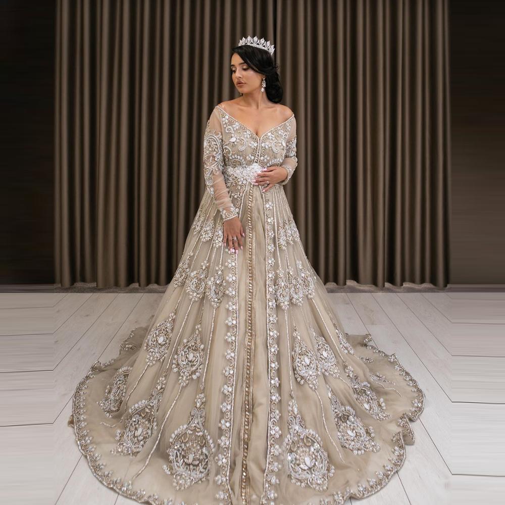Luxury Full Beading Crystal Muslim Wedding Dresses Elegant V Neck Long Moroccan Kaftan Bridal Dress Arabic Dubai Ball Gown - LiveTrendsX