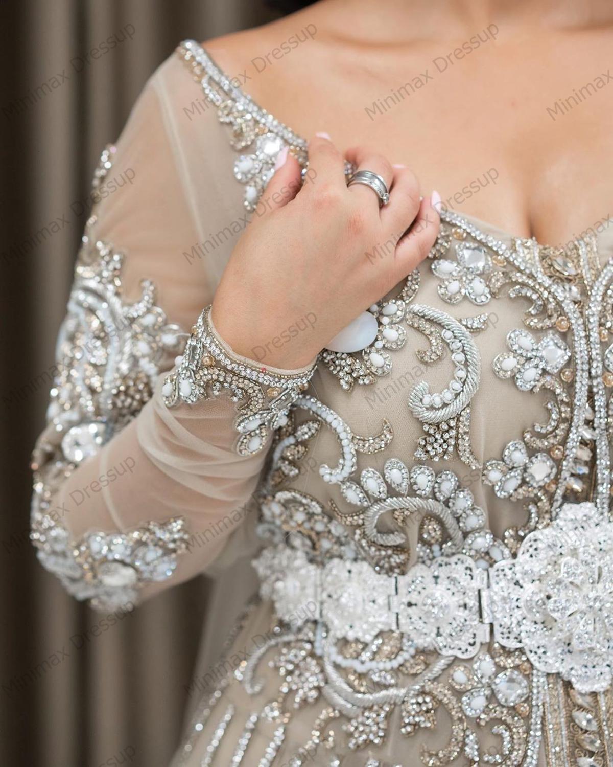 Luxury Full Beading Crystal Muslim Wedding Dresses Elegant V Neck Long Moroccan Kaftan Bridal Dress Arabic Dubai Ball Gown - LiveTrendsX