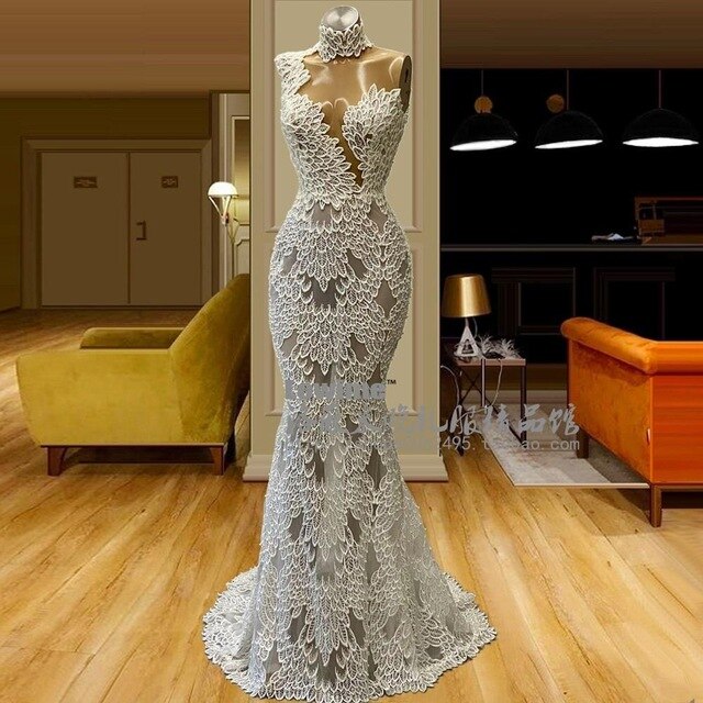 New Sheer High Neck Lace Mermaid Wedding Dress Bridal Gown Sexy See Though Bridal Dresses - LiveTrendsX
