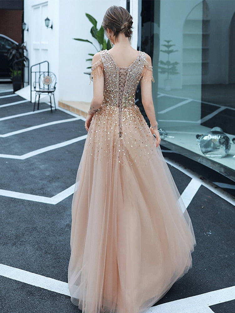 Handmade Sequined Tulle Gowns For Prom  Elegant O-neck A-line Champagne Long Evening Dresses Luxury Special Occasion Dresses - LiveTrendsX
