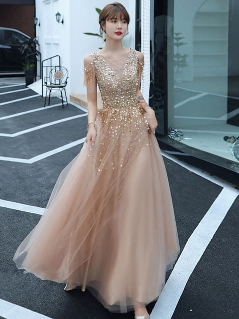 Handmade Sequined Tulle Gowns For Prom  Elegant O-neck A-line Champagne Long Evening Dresses Luxury Special Occasion Dresses - LiveTrendsX
