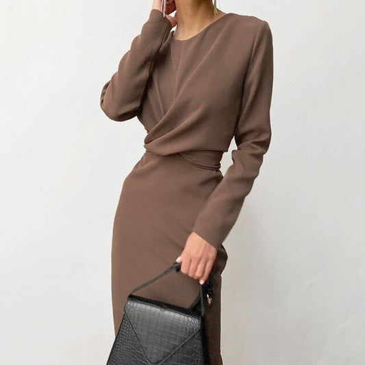 Cross Elegant Draped Dress Women Long Sleeve - LiveTrendsX
