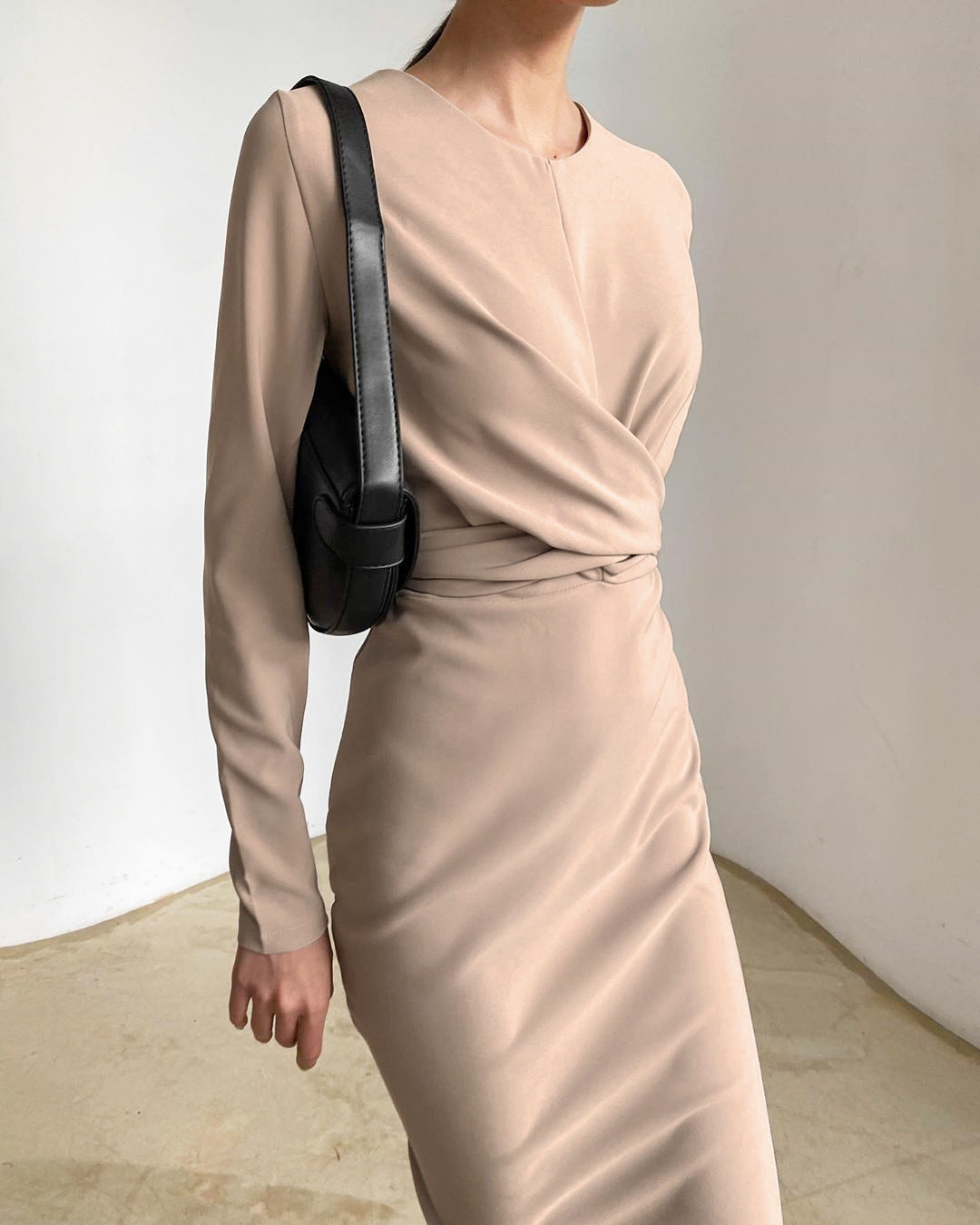 Cross Elegant Draped Dress Women Long Sleeve - LiveTrendsX