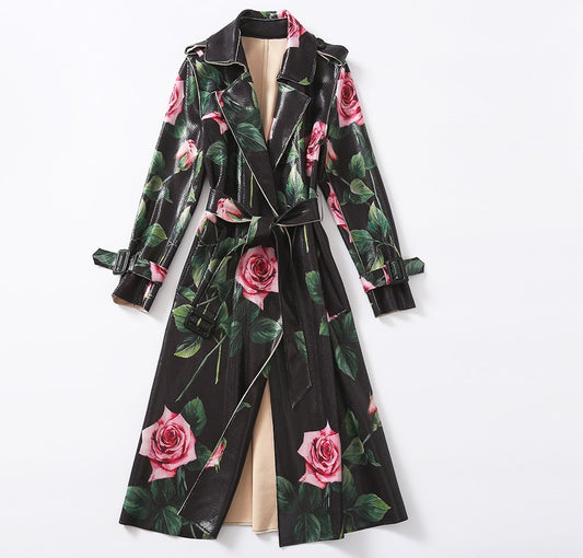 Flower Print Bright Leather trench coat Women