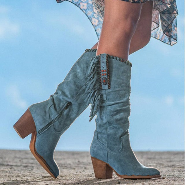 women knee high boots high heels vintage PU leather tassels shoe - LiveTrendsX