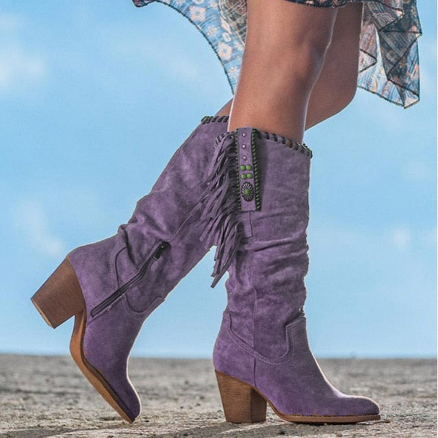 women knee high boots high heels vintage PU leather tassels shoe - LiveTrendsX