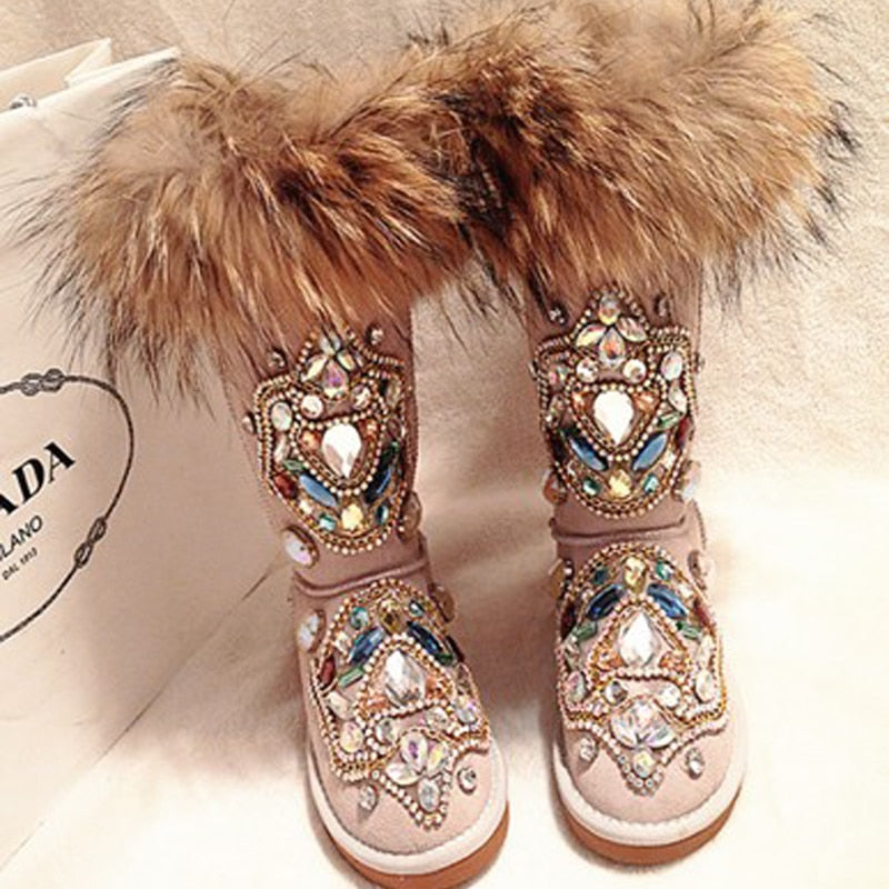 Women Rhinestone Handmade Warm Flat Ankle Boots