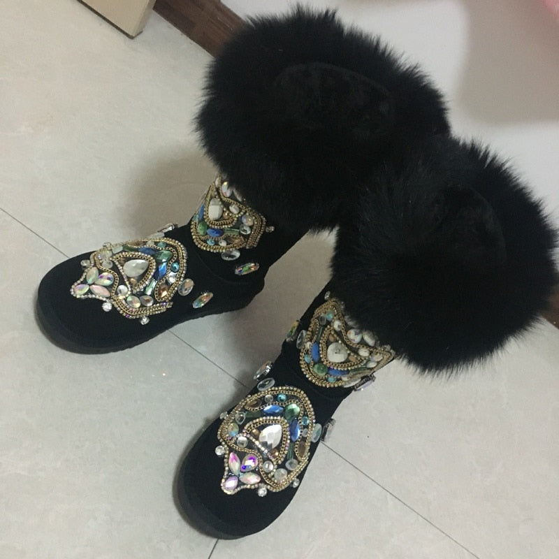 Women Rhinestone Handmade Warm Flat Ankle Boots
