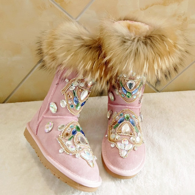 Women Rhinestone Handmade Warm Flat Ankle Boots