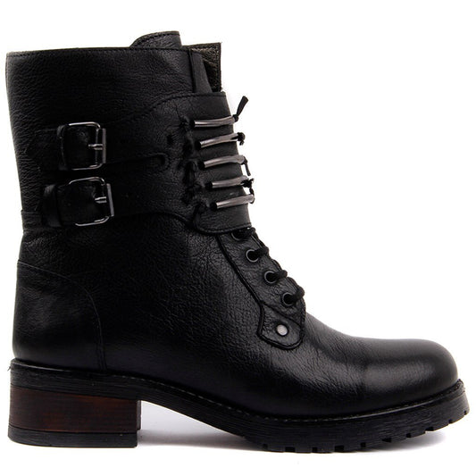 Black Color Bar Detailed Ladies Leather Boots