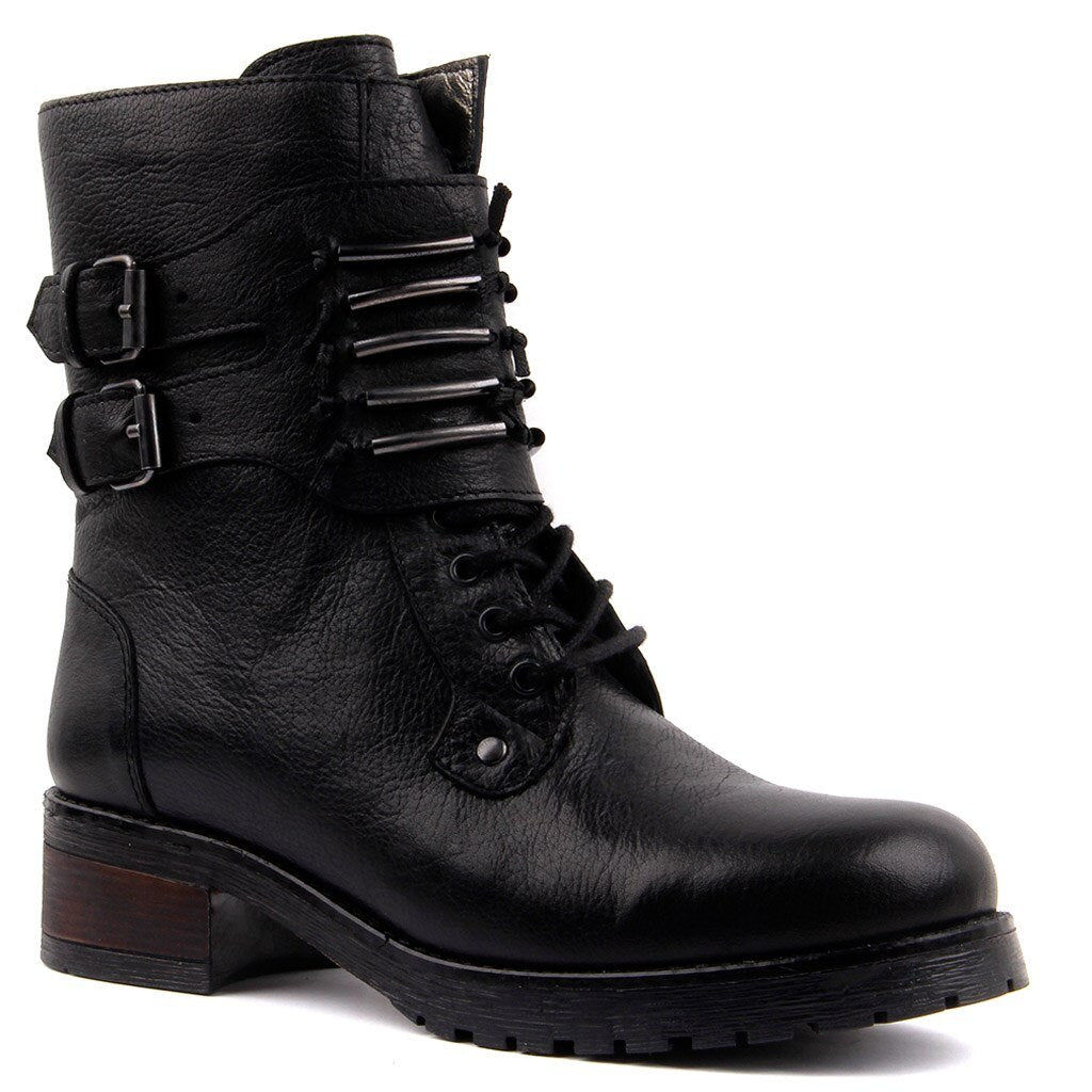 Black Color Bar Detailed Ladies Leather Boots