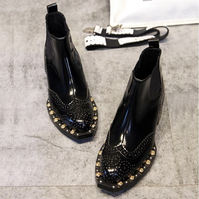 Black Patent Leather Women Boots Luxury Rivet Decor Square Heels