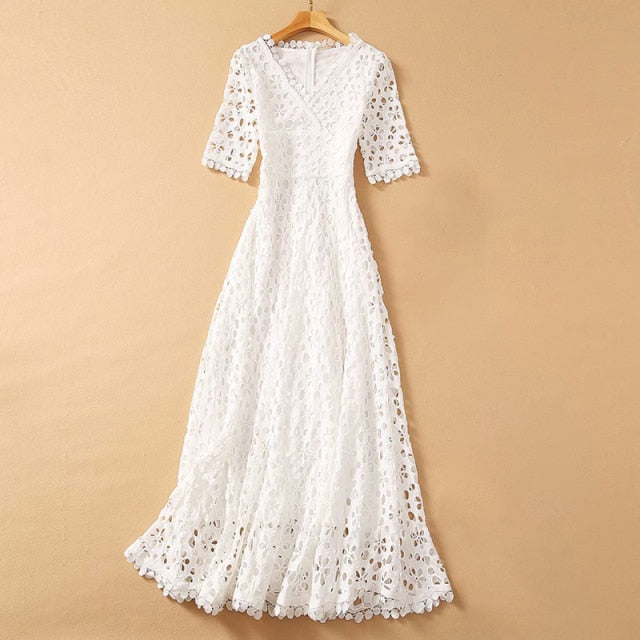 Elegant White Maxi Dress For Women V Neck Half Sleeve High Waist