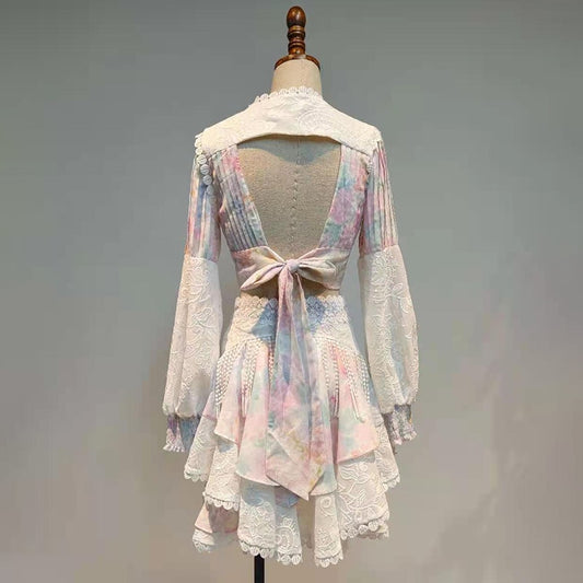 レディース Vネック ランタンスリーブ シャツ ハイウエスト スカート