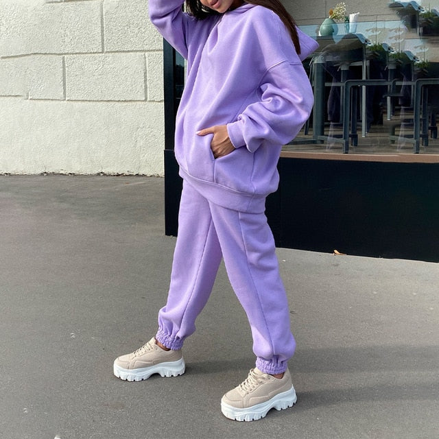 Women Warm Hoodie Sweatshirts Two Piece Sets