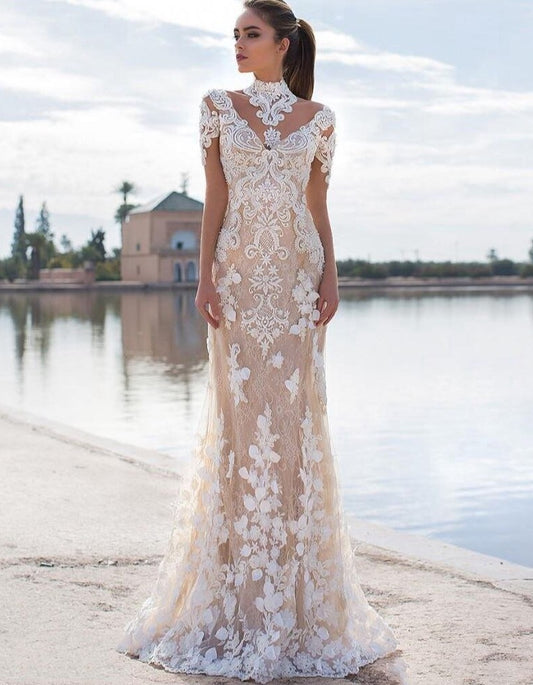 New Neck 3D Flower Lace Short Sleeve Backless Champagne Bridal Gowns Custom abiti da sposa - LiveTrendsX