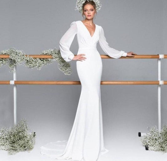 new neck satin chiffon lantern long sleeve ivory mermaid wedding dresses simple abito da sposa Sweep Train - LiveTrendsX