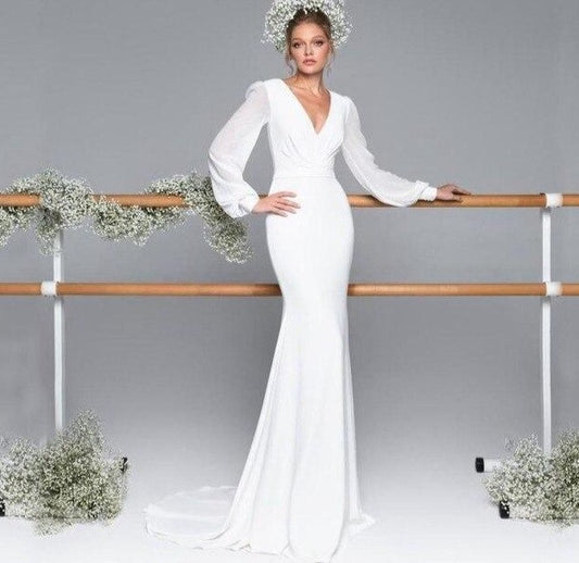new neck satin chiffon lantern long sleeve ivory mermaid wedding dresses simple abito da sposa Sweep Train - LiveTrendsX
