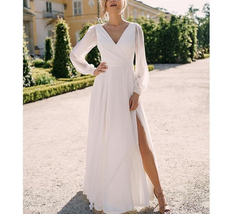 Simple Bohemian Wedding Dress 2021 Long Sleeve V-Neck Floor Length Chiffon A-Line Bridal Gowns With Charming For Women - LiveTrendsX