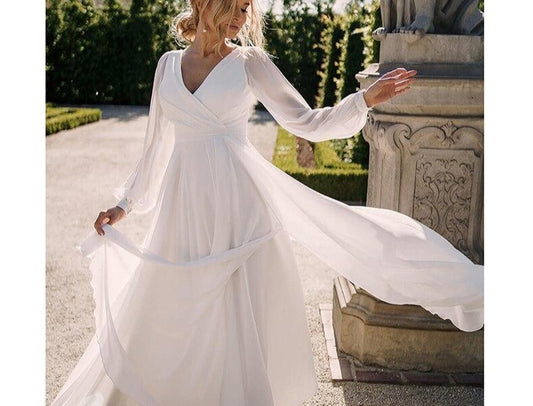 Simple Bohemian Wedding Dress 2021 Long Sleeve V-Neck Floor Length Chiffon A-Line Bridal Gowns With Charming For Women - LiveTrendsX