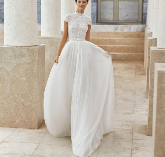 A Line Wedding Dress Hochzeit Chic Boho Bridal Receipt Wedding Gowns High Neck Lace Beach Wedding Dresses - LiveTrendsX