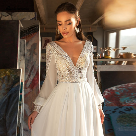 Puffy Long Sleeve Dress Women Boho Wedding Dresses 2021 Vestido Sexy Bridal Wedding Gown V-Neck Backless Lace Bodice - LiveTrendsX