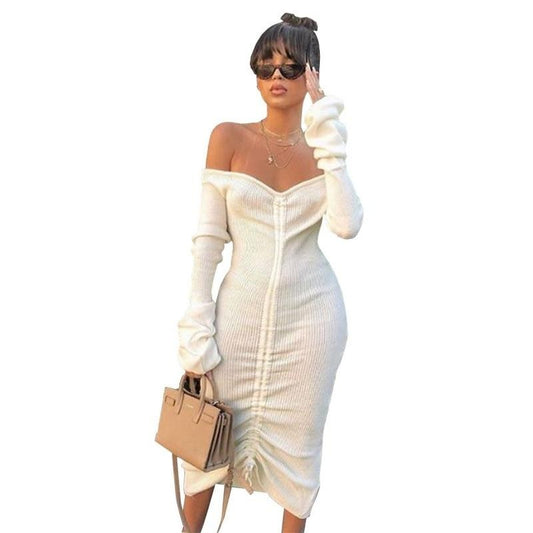 Front Drawstring Sexy Bandage Dresses Women White Slash Neck Long Sleeve Club Party Dress Autumn Winter Off Shoulder Maxi Dress - LiveTrendsX