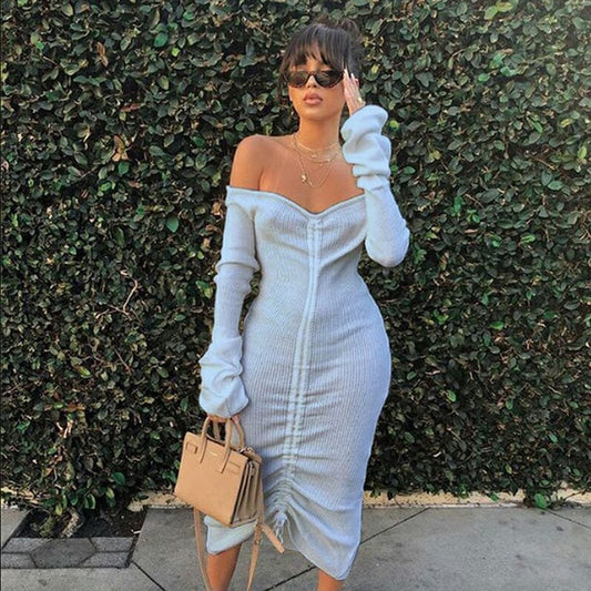 Front Drawstring Sexy Bandage Dresses Women White Slash Neck Long Sleeve Club Party Dress Autumn Winter Off Shoulder Maxi Dress - LiveTrendsX