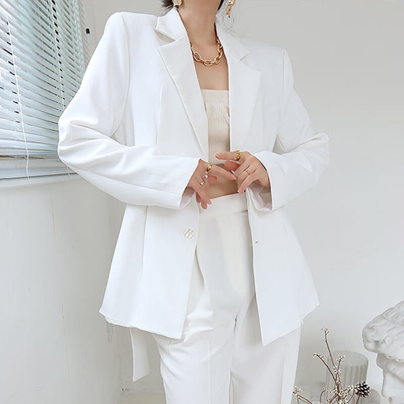 White Minimalist Blazer For Women Notched Sashes Elegant Blazers