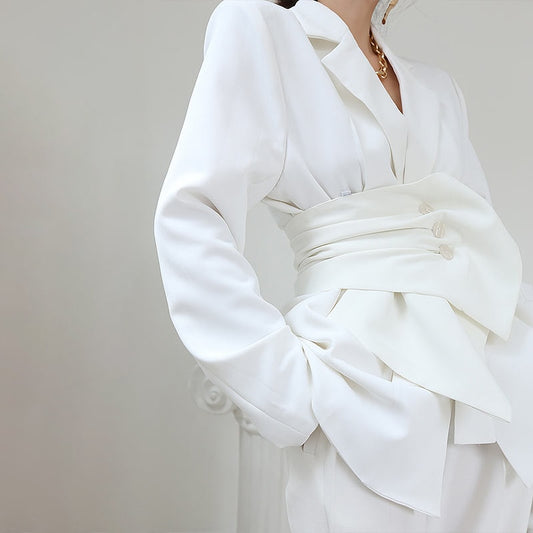 White Minimalist Blazer For Women Notched Sashes Elegant Blazers