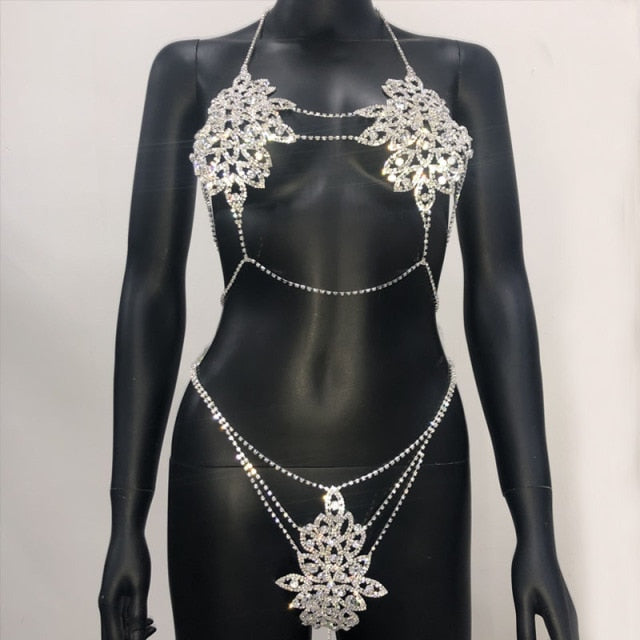 StoneFans Crystal Shiny Rhinestone Sexy Chain Jewellery Bra and Thong Body Chain for Women Underwear Set Hollow Luxury Gifts