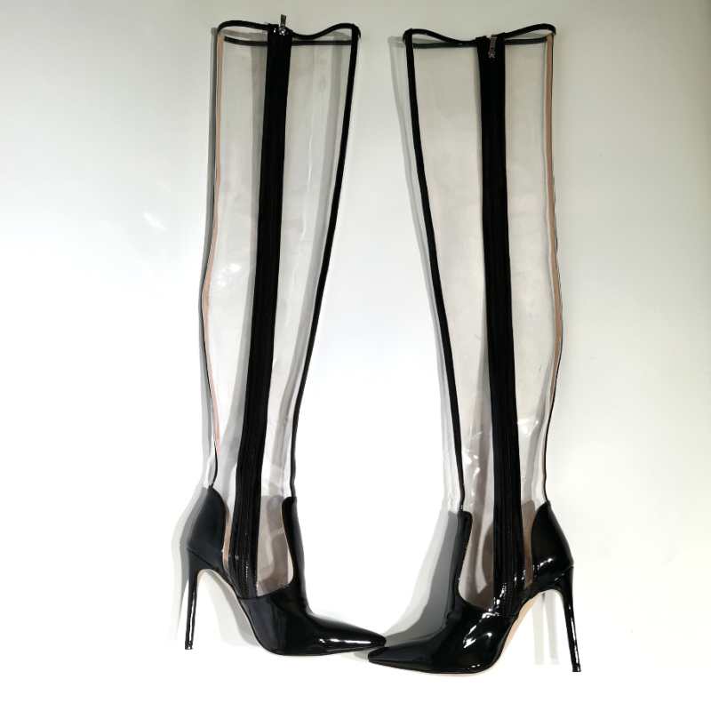 White Black Match Transparent Long High Heel Boots