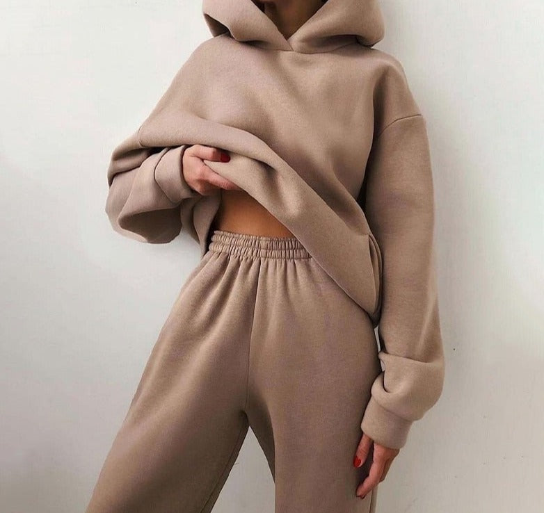 Women Warm Hoodie Sweatshirts Two Piece Sets