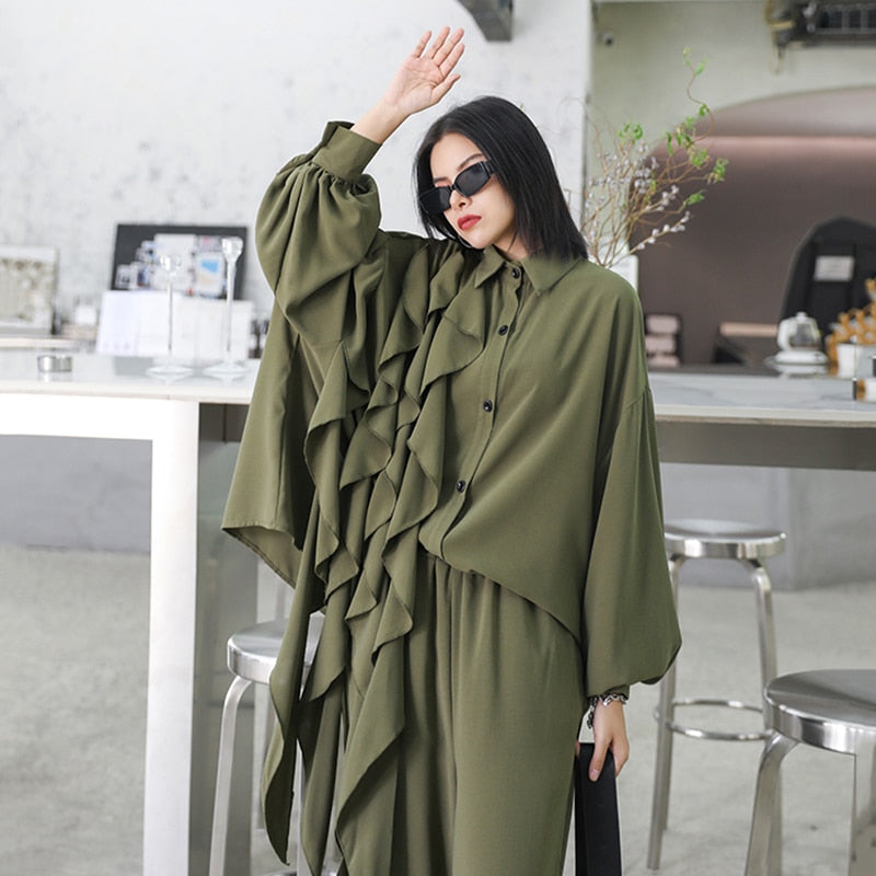 ワイドレッグパンツ フリル ビッグサイズ ツーピース レディーススーツ