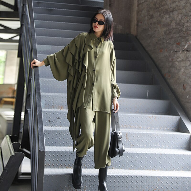 ワイドレッグパンツ フリル ビッグサイズ ツーピース レディーススーツ