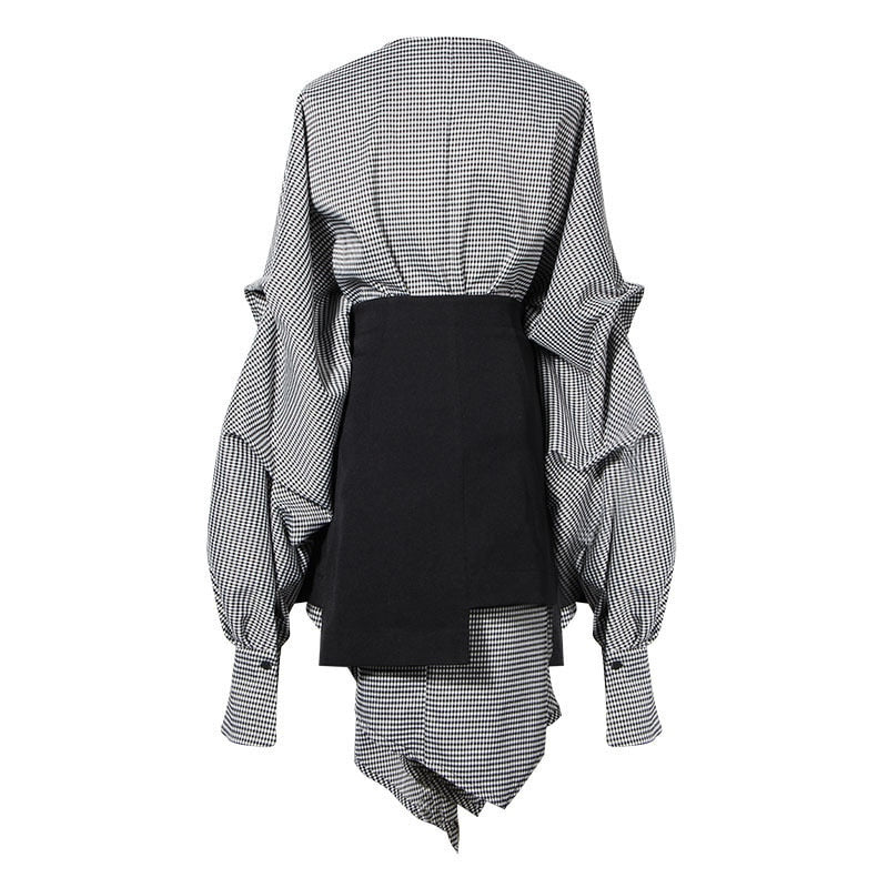 Women Black Plaid Irregular Stitch Big Size Dress