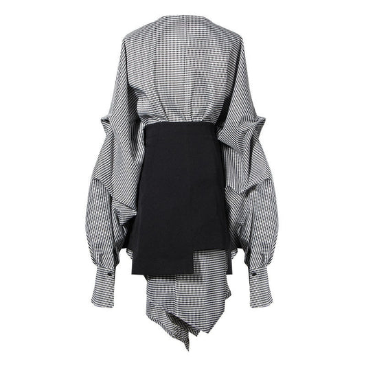 Women Black Plaid Irregular Stitch Big Size Dress