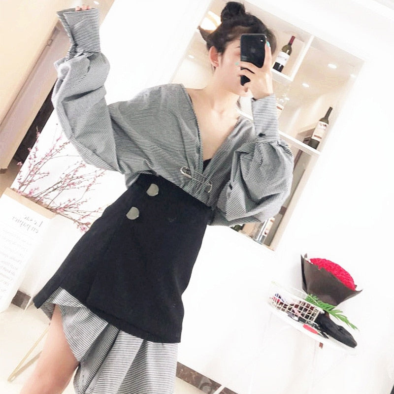 Women Black Plaid Irregular Stitch Big Size Dress