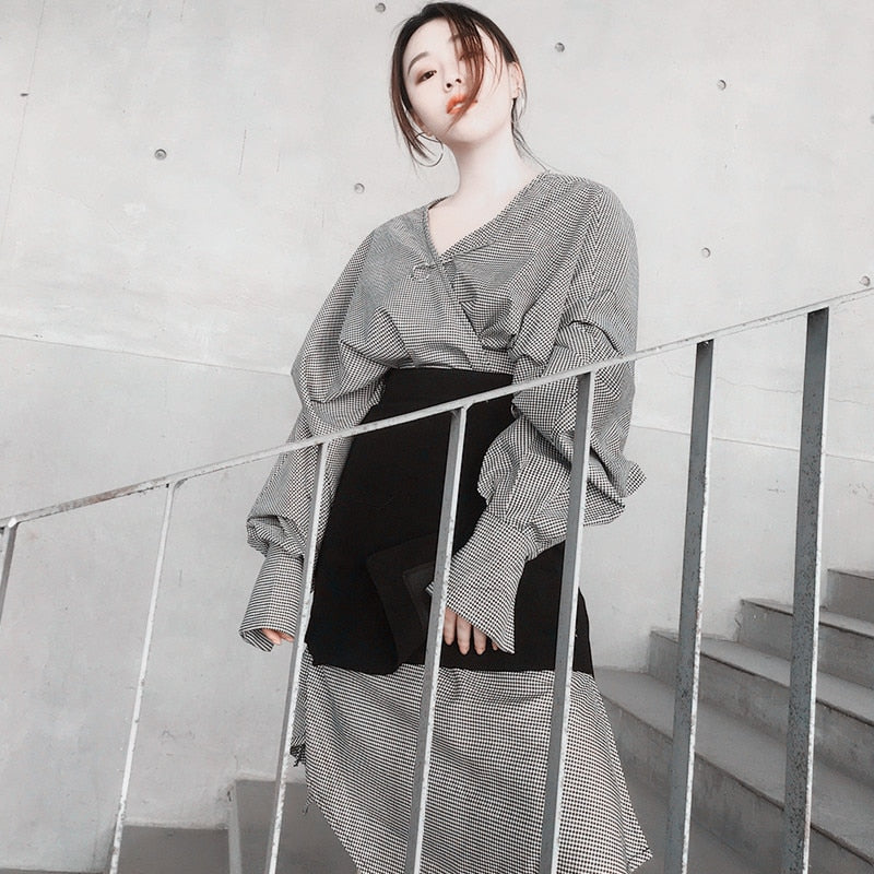 Women Black Plaid Irregular Stitch Big Size Dress