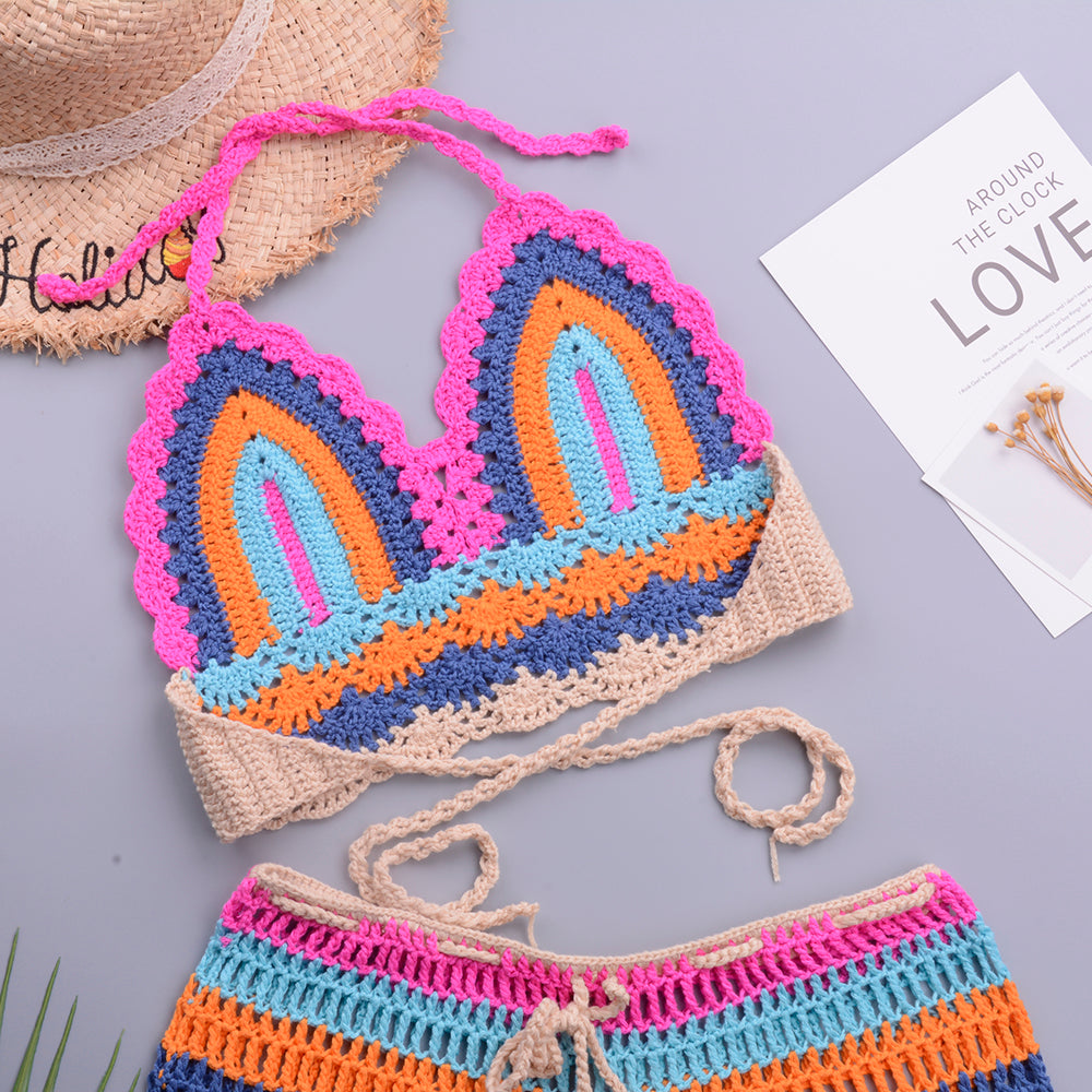 Crochet Bikini Sets Multi Color Knitted Rainbow Striped Off Shoulder