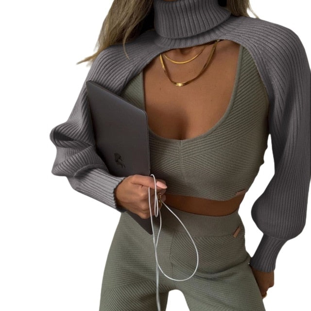 Female Sweater Solid High Collar Long Puff Sleeve Knitwear Pullover for Women Apring Autumn Halter Top - LiveTrendsX