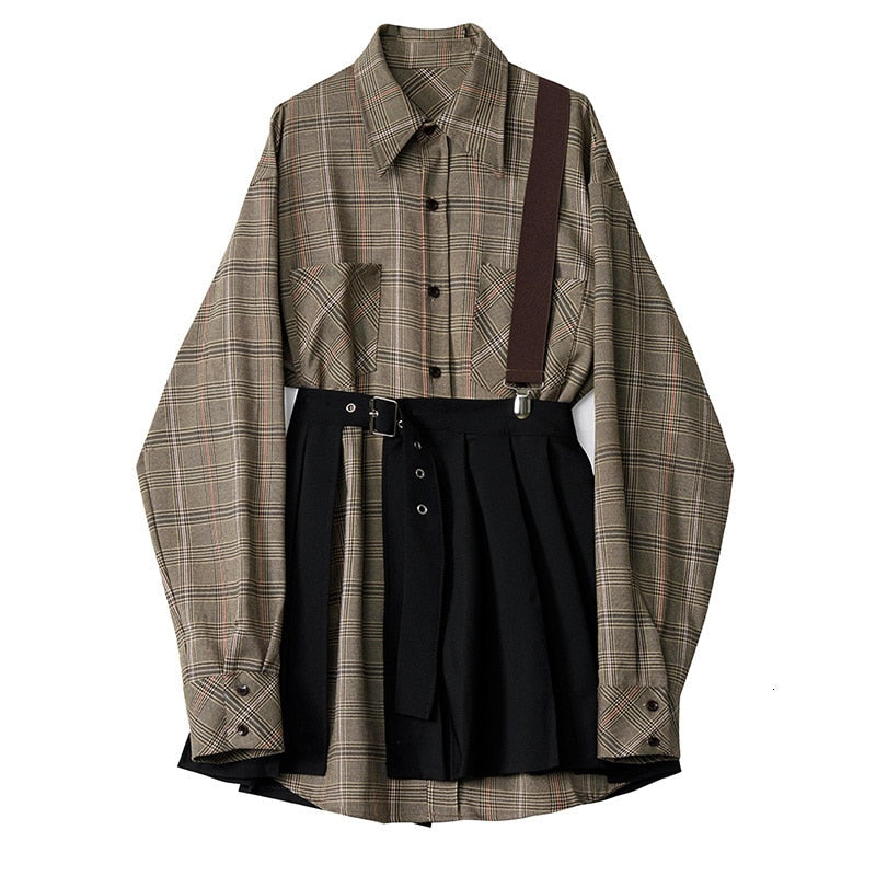 Women Plaid Pleated Split Two Piece  Dress Fashion Tide