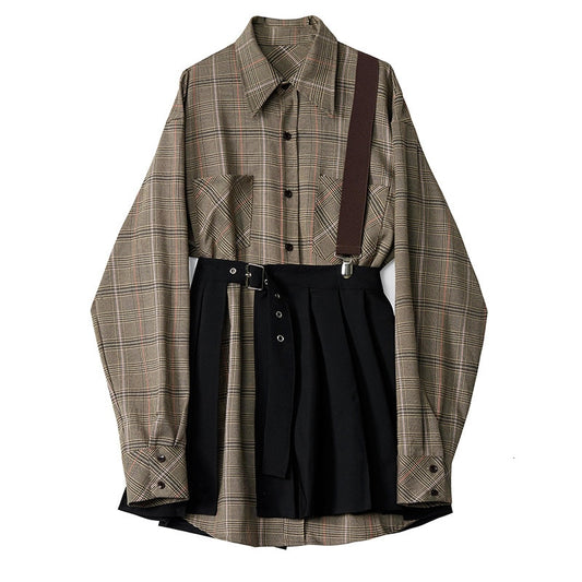 Women Plaid Pleated Split Two Piece  Dress Fashion Tide