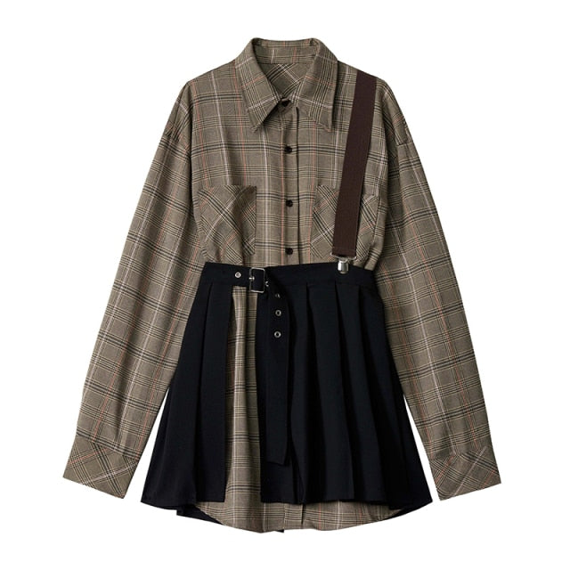 Women Plaid Pleated Split Two Piece  Dress Fashion Tide