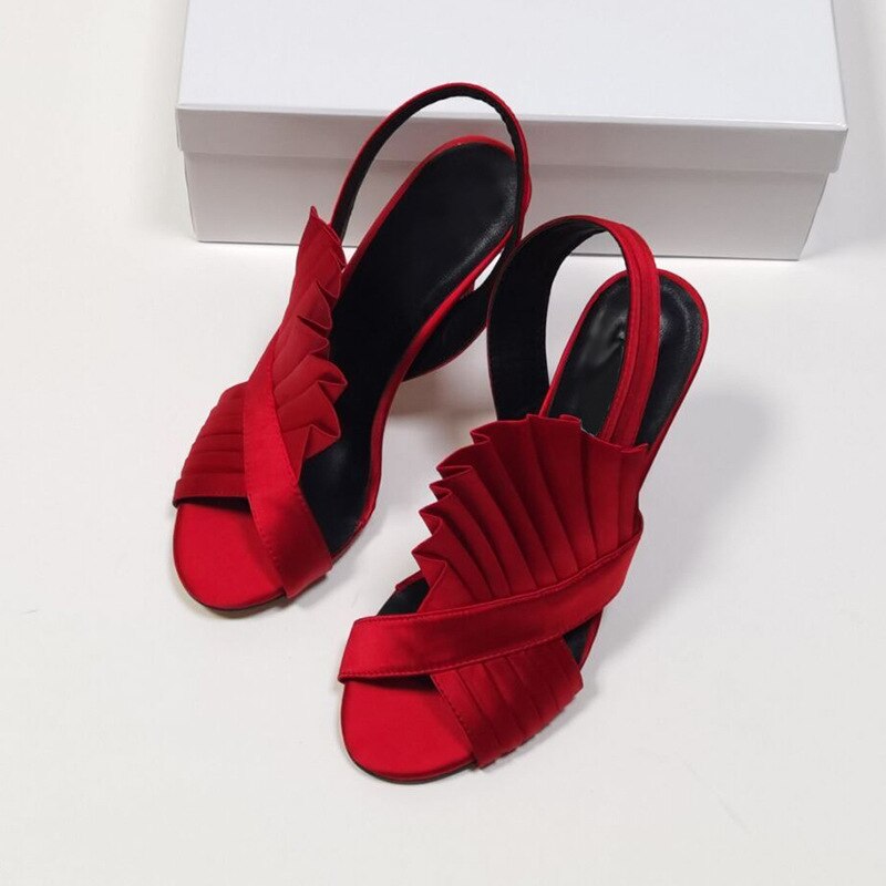 Pleated Silk Satin Women Party Sandal Shoes One Side Open Back Strap Shoe Hot Fashon Female Sapatos Runway Shoe Yellow
