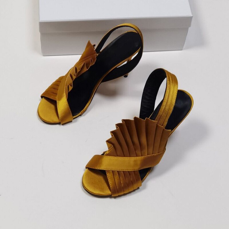 Pleated Silk Satin Women Party Sandal Shoes One Side Open Back Strap Shoe Hot Fashon Female Sapatos Runway Shoe Yellow