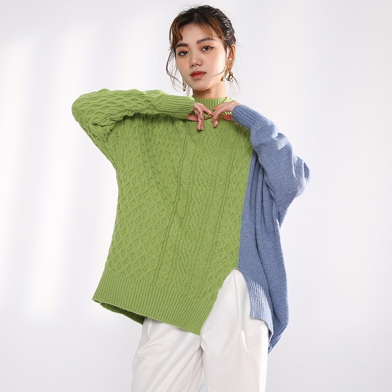 Gray Blue Irregular Knitting Sweater Loose Turtleneck